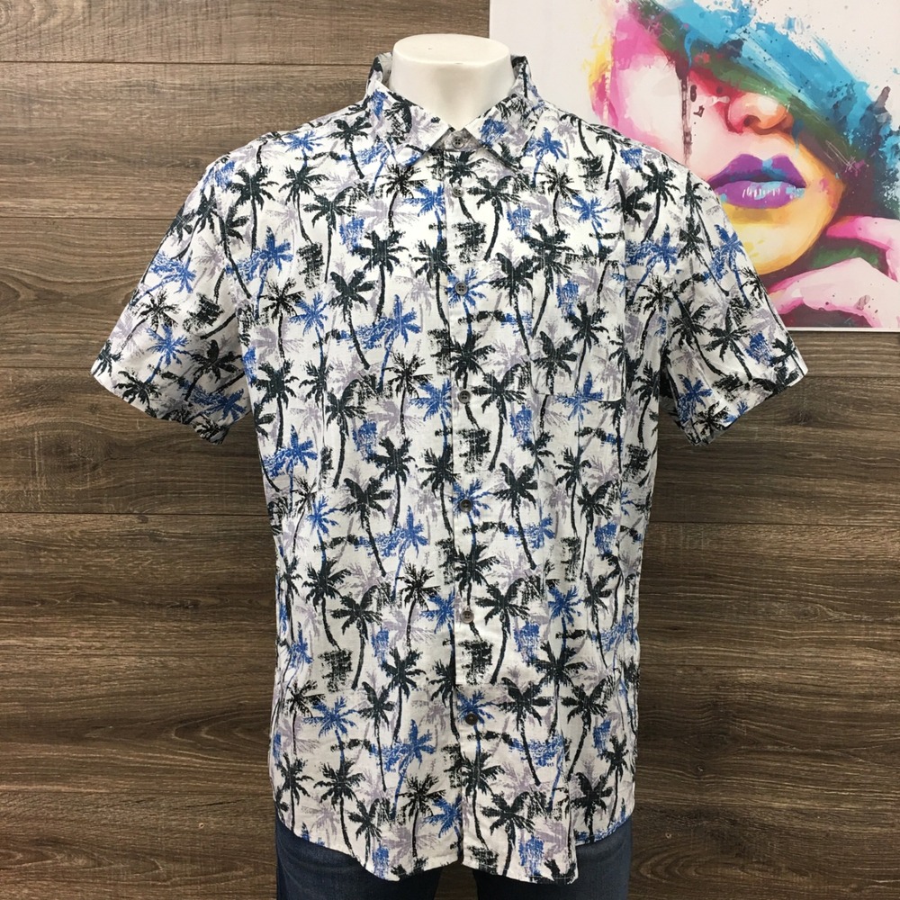 Carbon2Cobalt Palm Tree Print Button Up Short Sleeve Shirt XXL Cotton